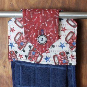 AMERICAN FLAG CLASSIC TRUCK PATRIOTIC RED WHITE & BLUE HANDMADE HANGING TOWEL